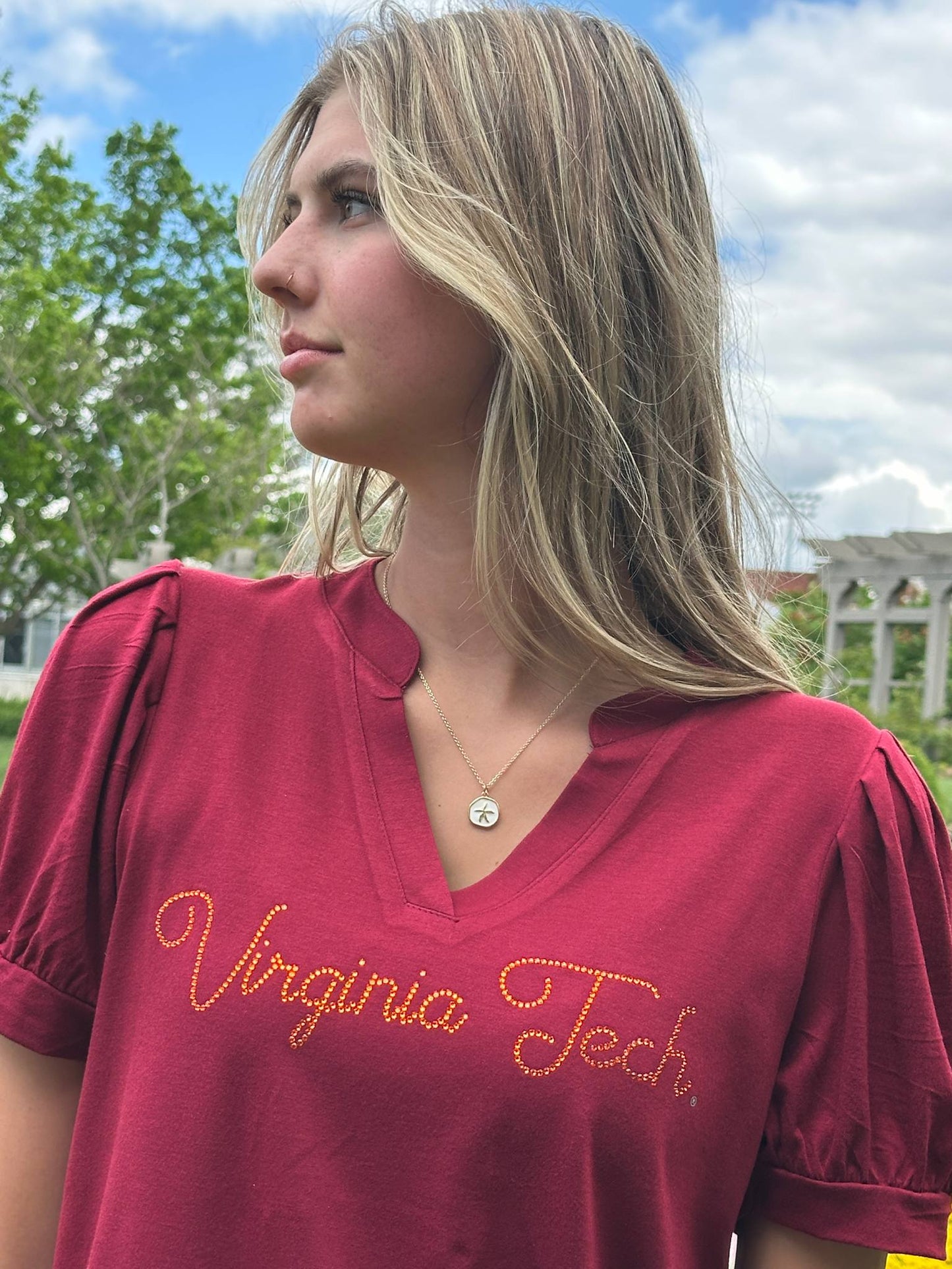 VT Virginia Tech Script Burgundy Vneck Dress Blouse