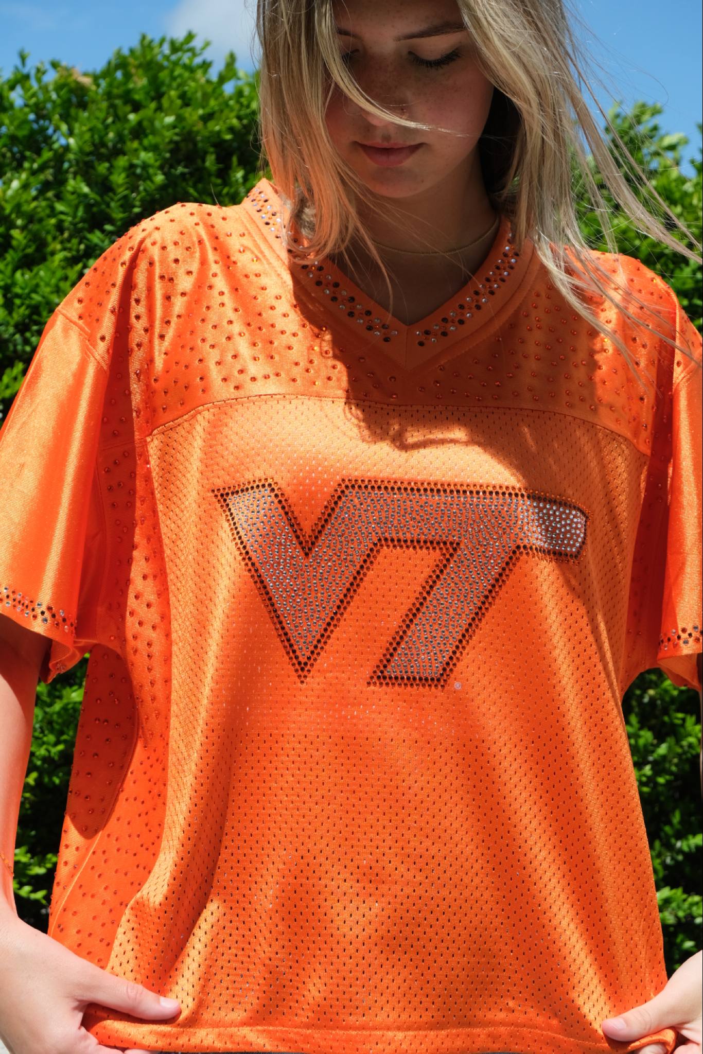 VT Bling Jersey – Orange Handmade Rhinestone VT Game Day