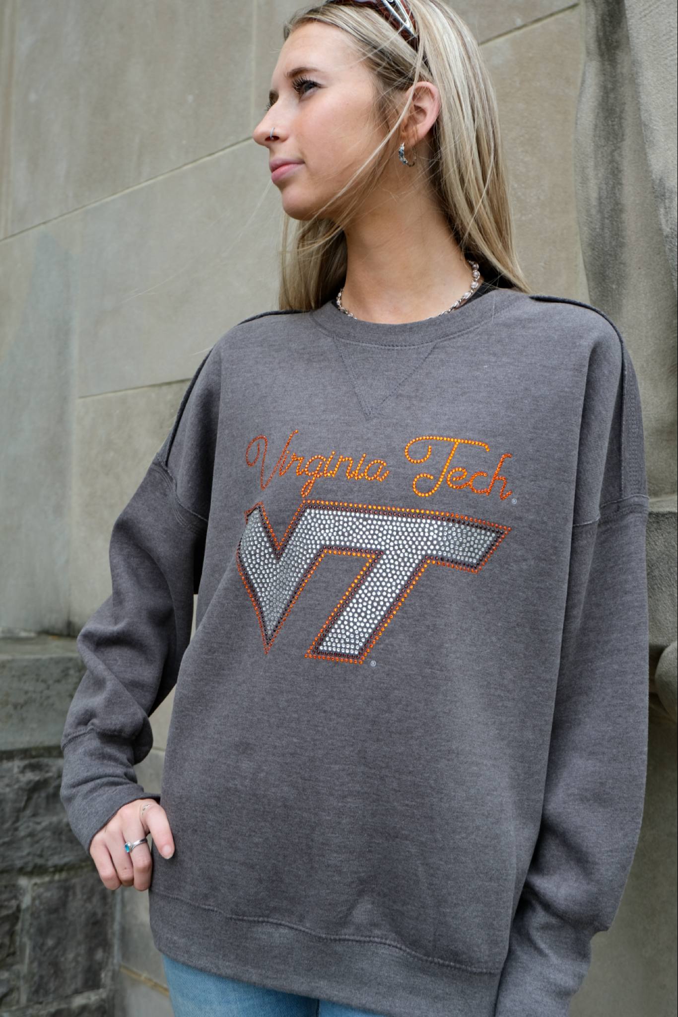 VT Virginia Tech Logo Script Sueded Fleece Crewneck