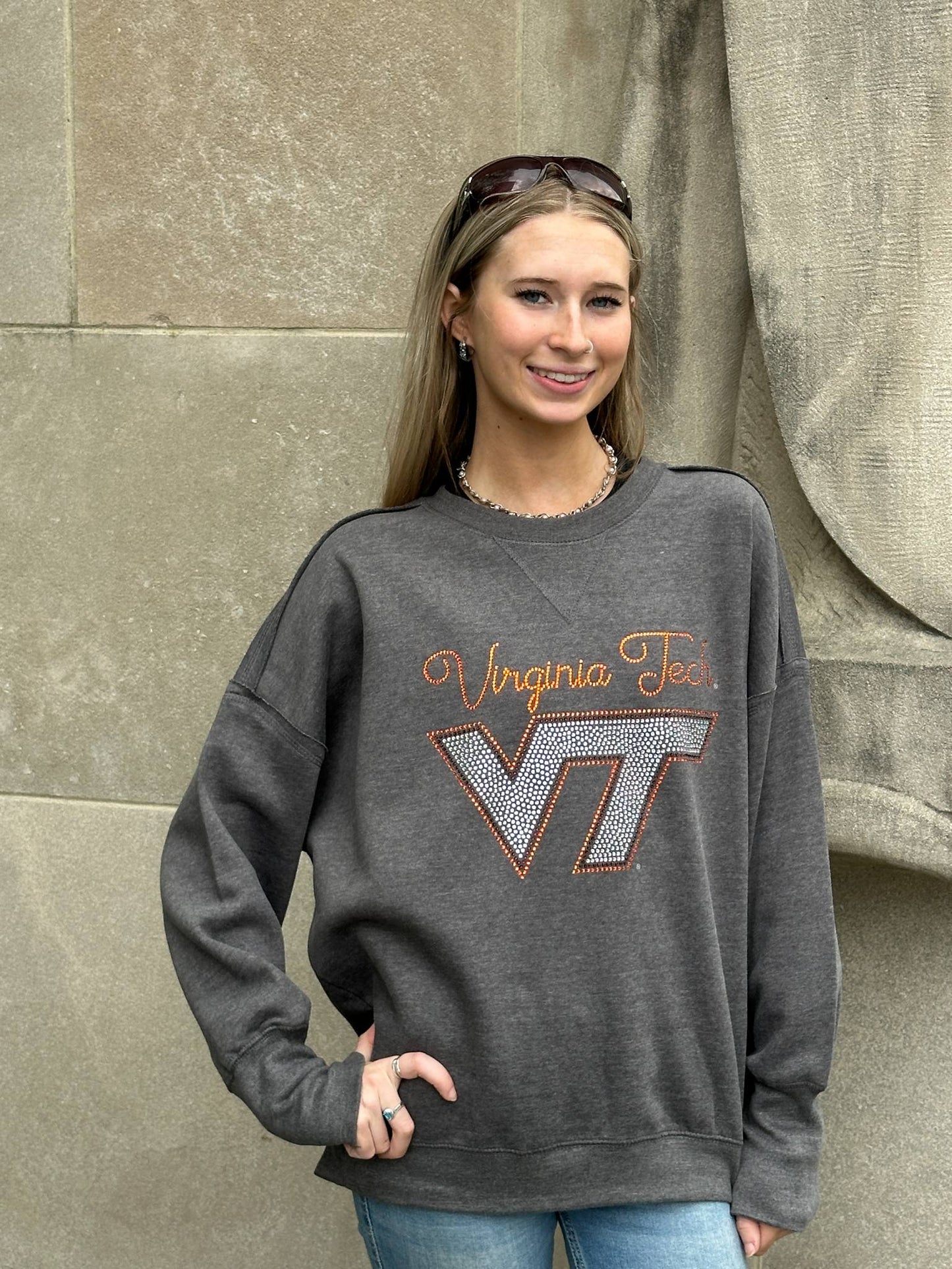 VT Virginia Tech Logo Script Sueded Fleece Crewneck