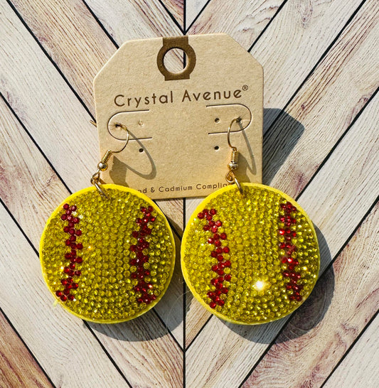 Softball Sports Rhinestones Cushion Dangle Earrings