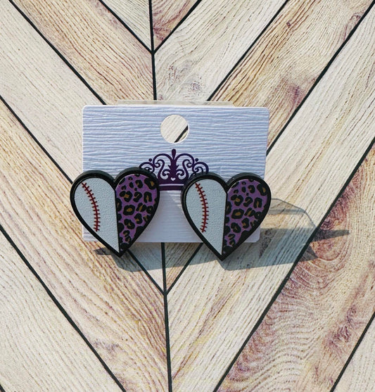 Baseball Purple Leopard Split Heart Acrylic Stud Earrings
