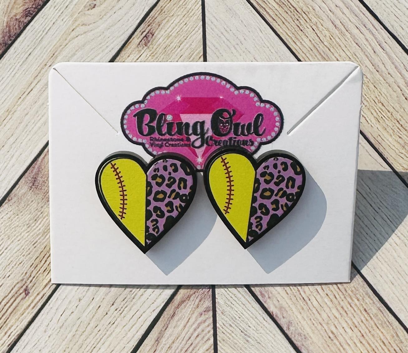 Softball Purple Leopard Split Heart Acrylic Stud Earrings
