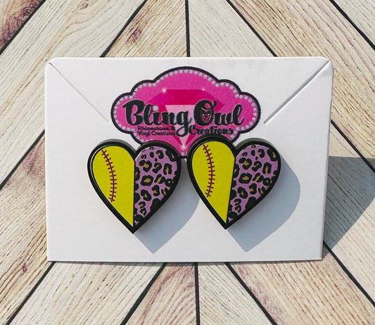 Softball Purple Leopard Split Heart Acrylic Stud Earrings