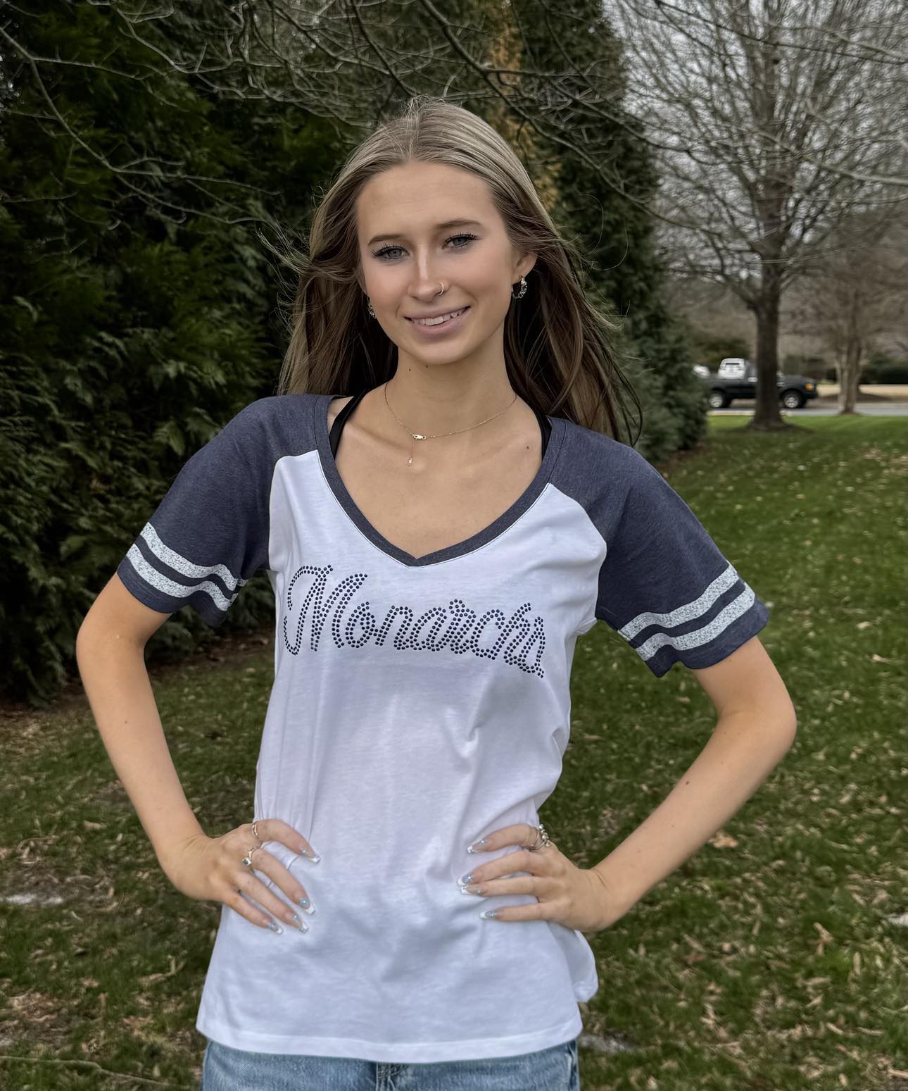 ODU Monarchs Vneck Striped Game Day Short Sleeve Tee