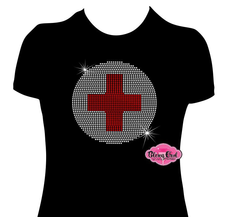American Red Cross Black Women T-shirt Rhinestone Sparkle Bling Design