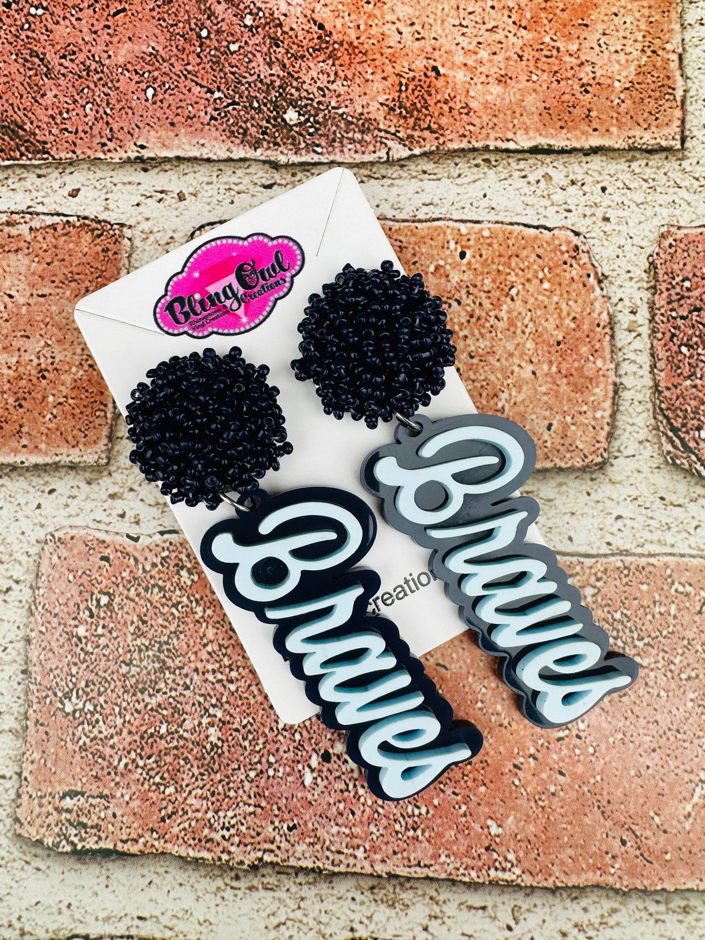 braves acrylic earrings pom pom toppers mascot school spirit wear