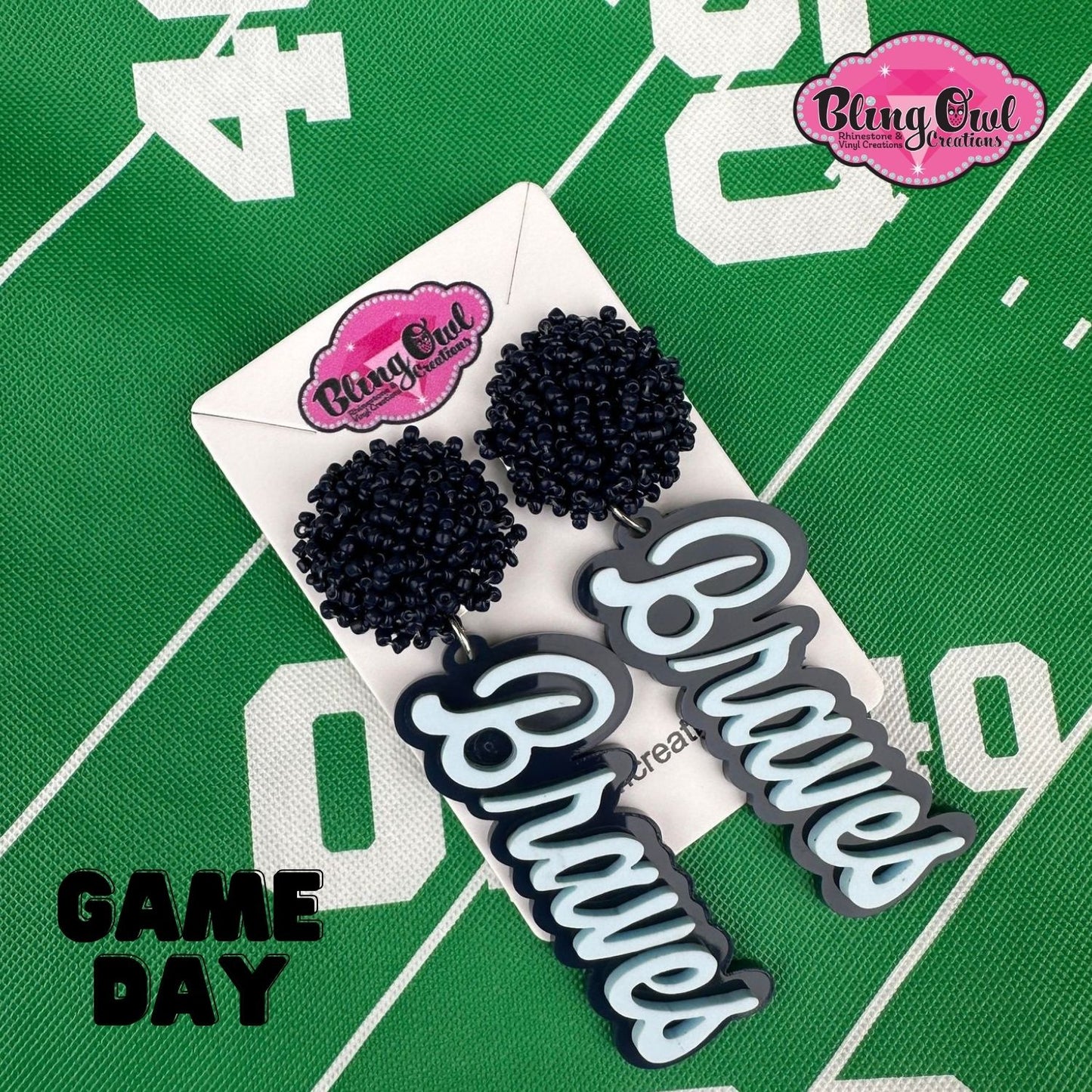 braves acrylic earrings pom pom toppers mascot school spirit wear