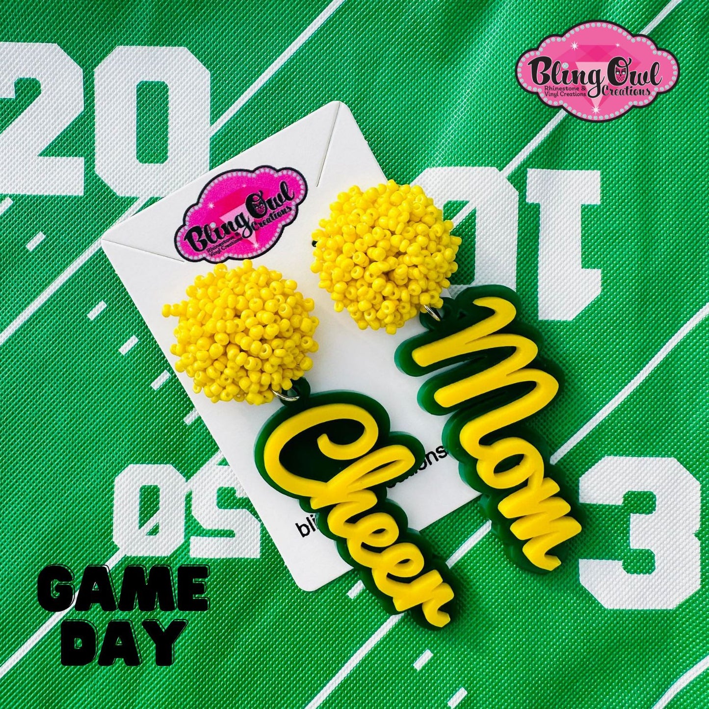 cheer mom acrylic earrings pom pom toppers mascot school spirit wear