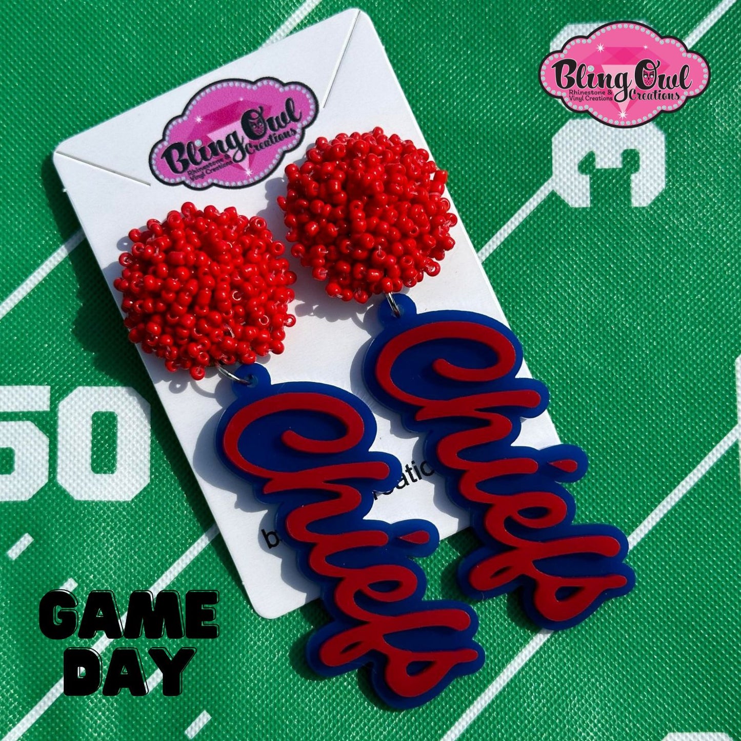 chiefs acrylic earrings pom pom toppers mascot school spirit wear