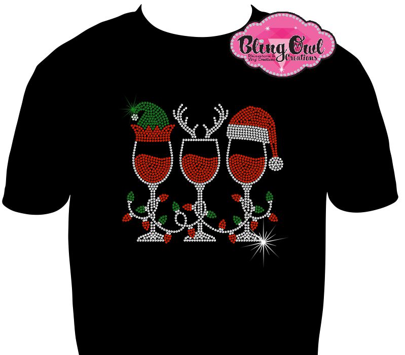 Elf Reindeer Santa Wine Glass (Rhinestone Design)