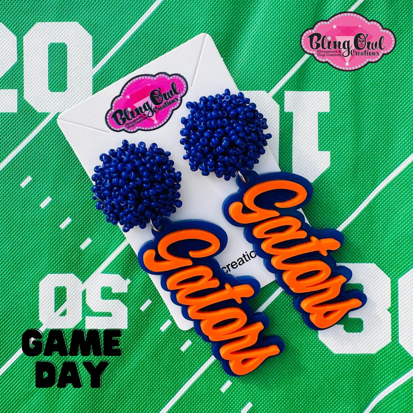 gators acrylic earrings pom pom toppers mascot school spirit wear