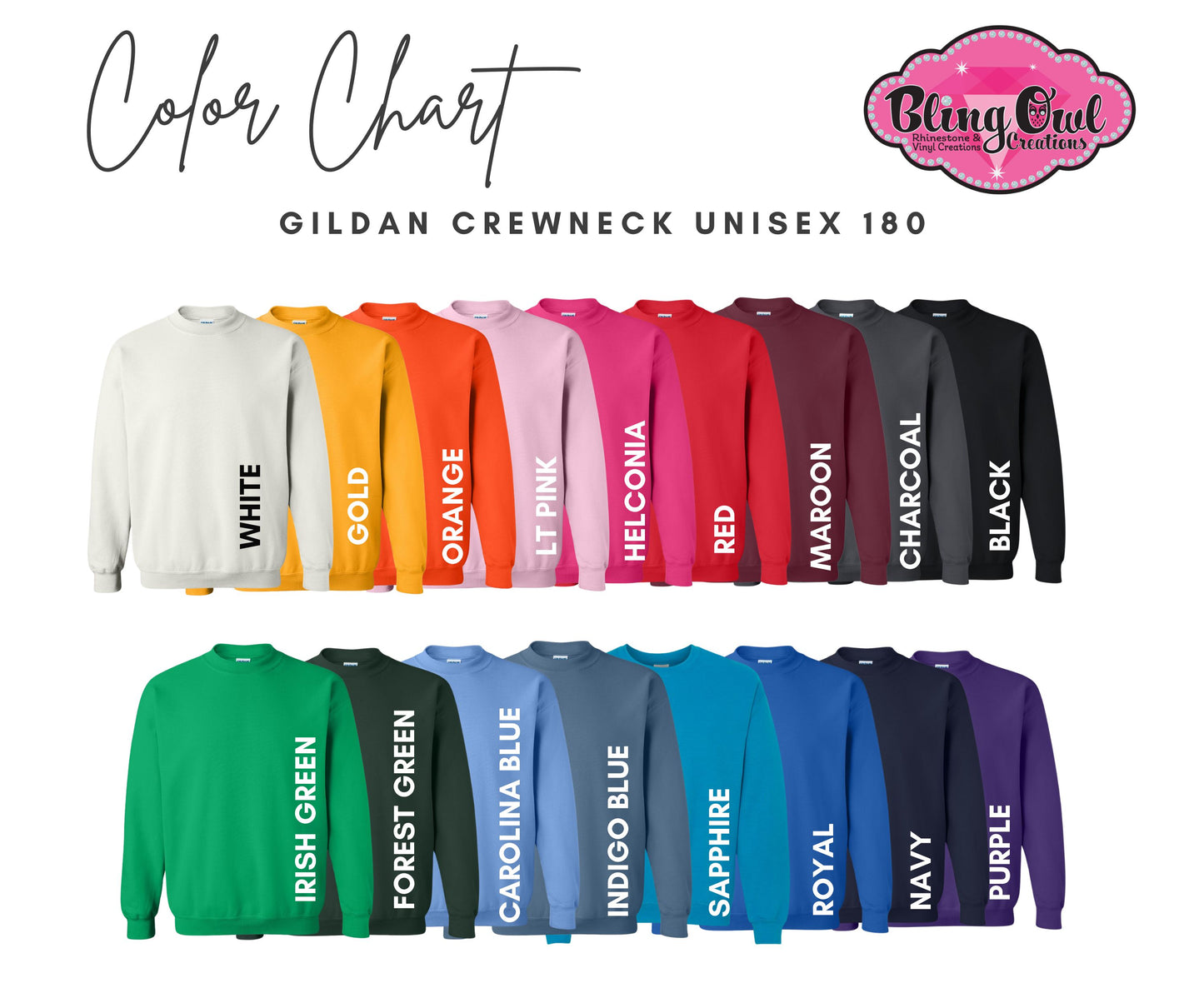 Gildan Crewneck Sweatshirt Unisex Color Chart (No product/not for sale)
