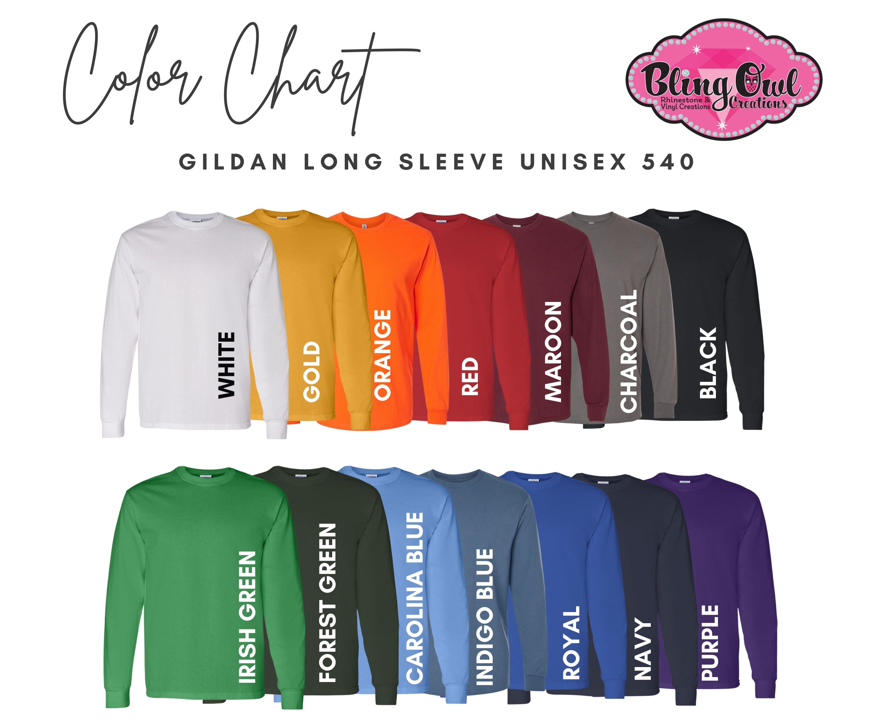 Gildan Long Sleeve Unisex Shirt Color Chart Bling Owl Creations