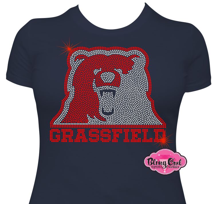 grizzlies_grassfield mascot school_spirit_wear longsleeves rhinestones sparkle bling