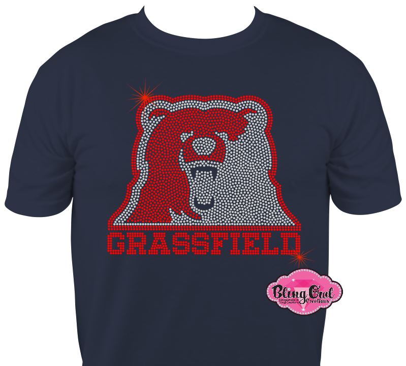 grizzlies_grassfield mascot school_spirit_wear longsleeves rhinestones sparkle bling