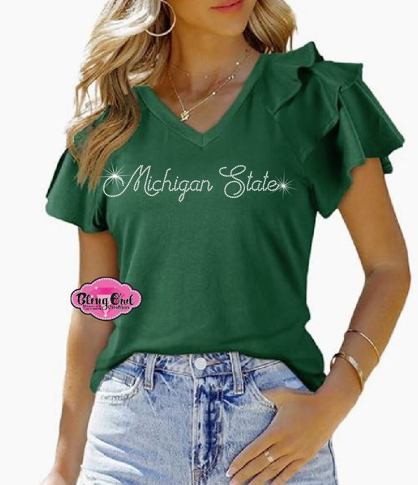 MSU Script Ruffle Sleeve Bling Tee – Women's Green V-Neck