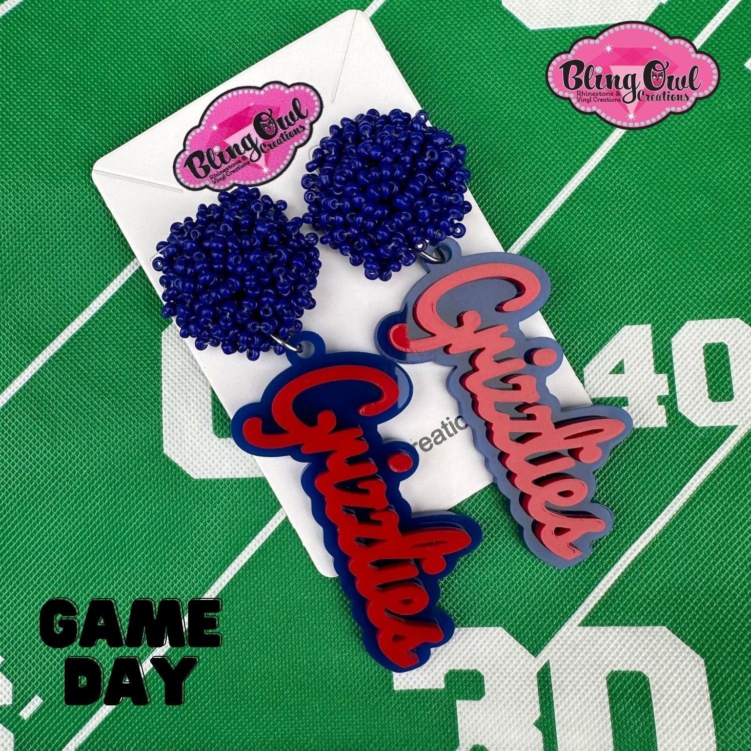 grizzlies acrylic earrings pom pom toppers mascot school spirit wear