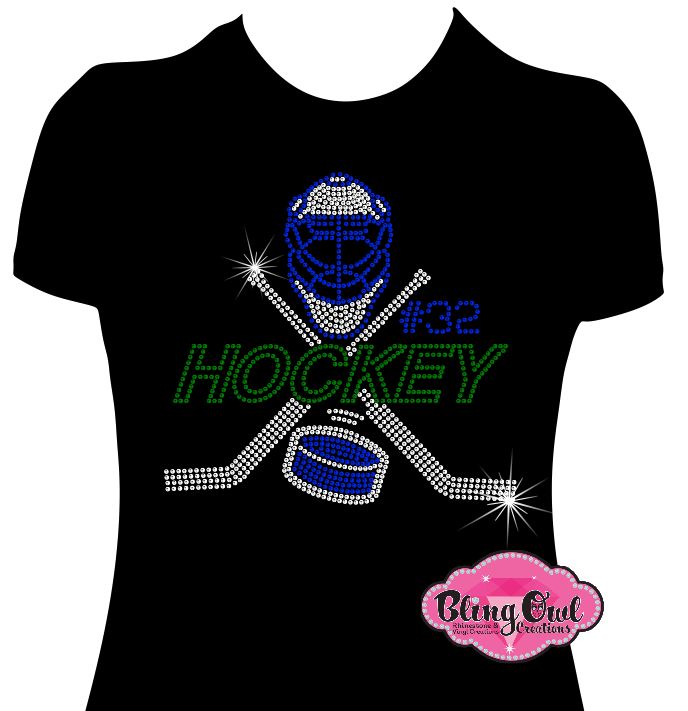 Goalie hockey number shirt bedazzled rhinestones game day proud hockey mom hockey sticks