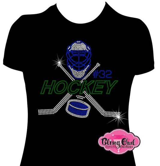 Goalie hockey number shirt bedazzled rhinestones game day proud hockey mom hockey sticks