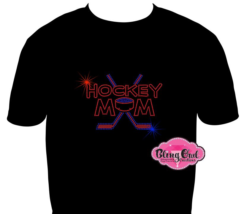 hockey Mom tshirt bedazzled hockey sticks puck rhinestones sparkle.