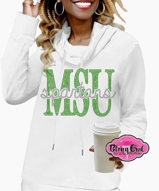 MSU Spartans Cowl Neck Lightweight Rhinestone Sweatshirt