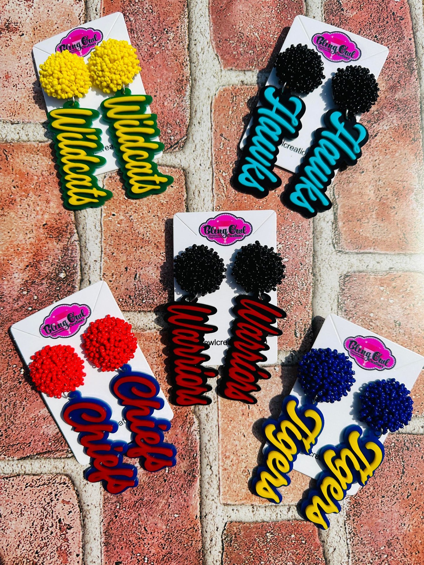 Sports Mom acrylic earrings pom pom toppers mascot school spirit wear