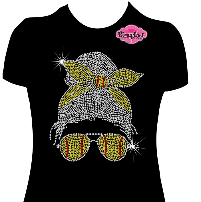 softball_mom_messy bun tshirt rhinestones sparkle bling