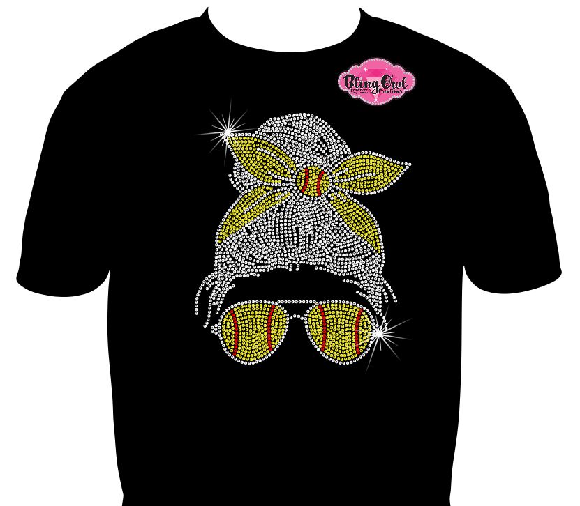 softball_mom_messy bun tshirt rhinestones sparkle bling
