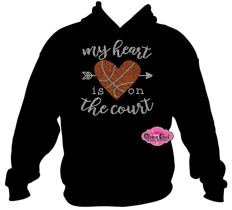 My heart is on the court basketball_mom design shirt school spirit wear for sports mom rhinestones sparkle shirt