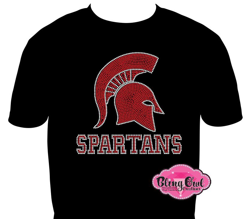 spartans mascot school spirit logo_school spirit wear_school spirit mascot school_colors_apparel game_day_tshirt pep_rally_outfit pep_club shirts rhinestones sparkles bling
