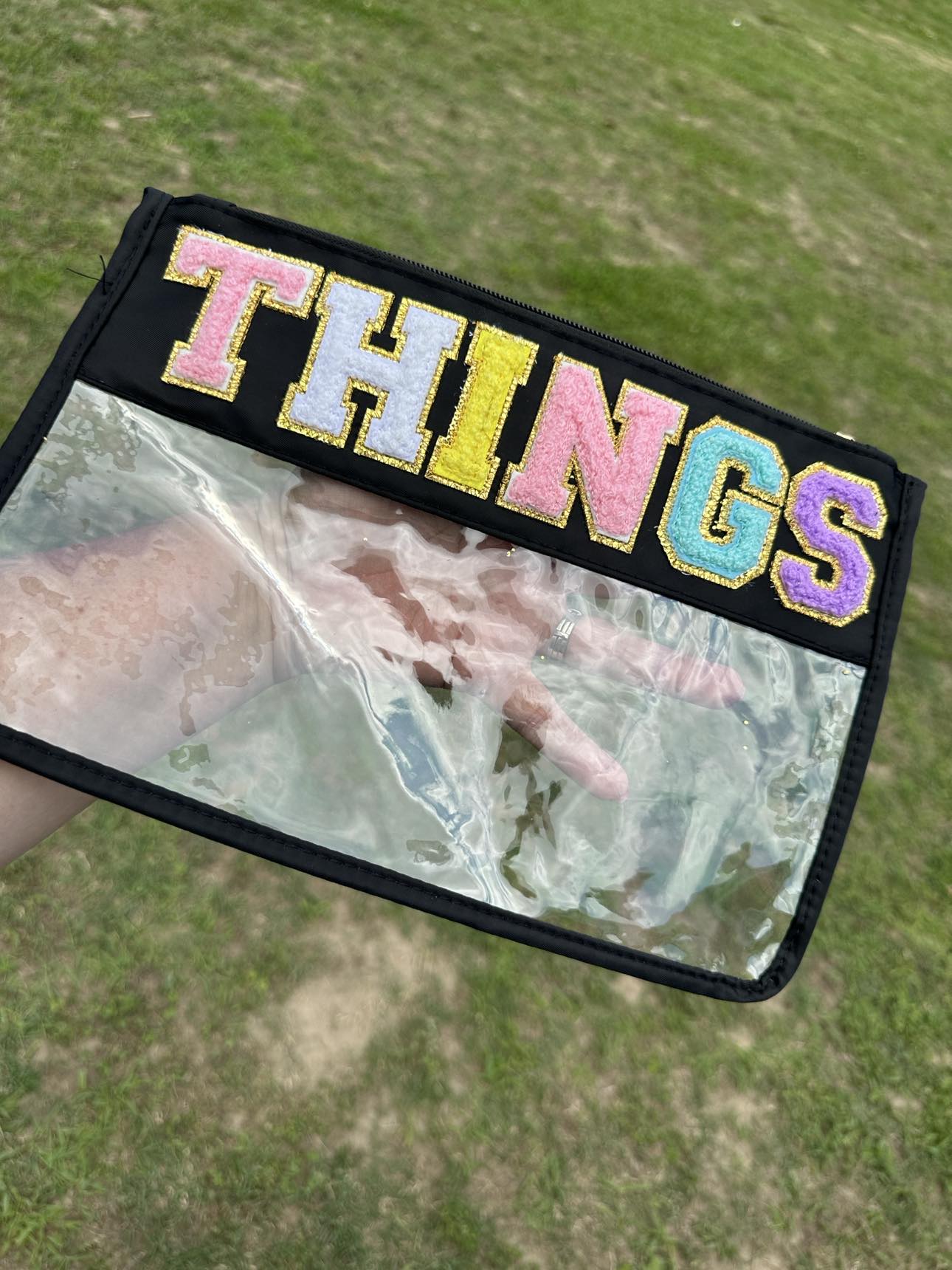 Things Varsity Letter Patch Clear Zippered Pouch Bag