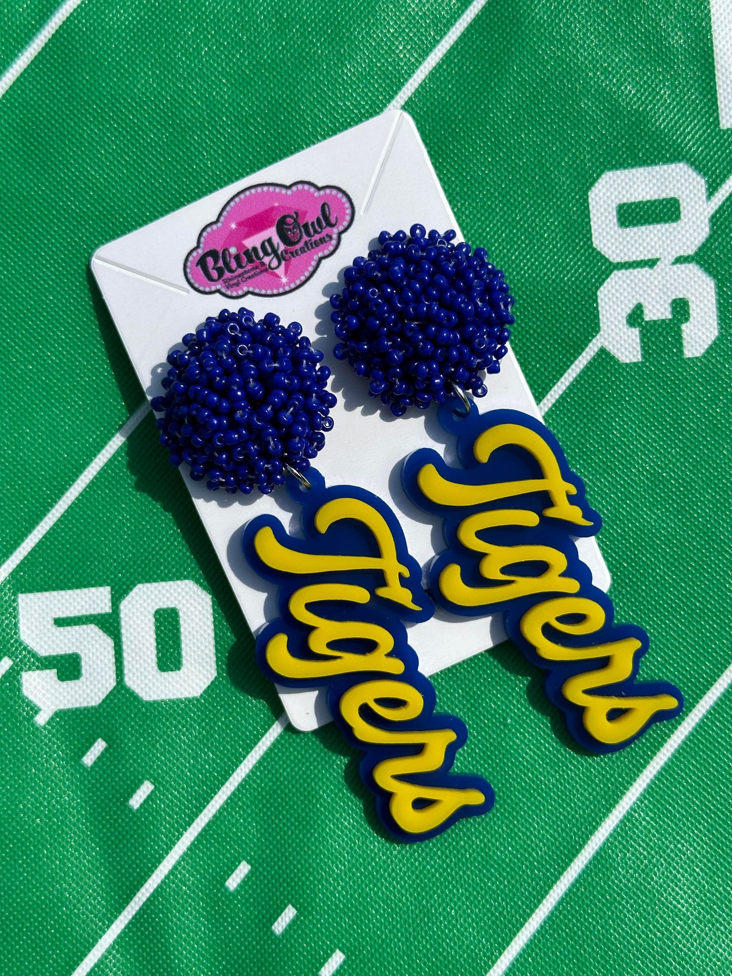tigers acrylic earrings pom pom toppers mascot school spirit wear