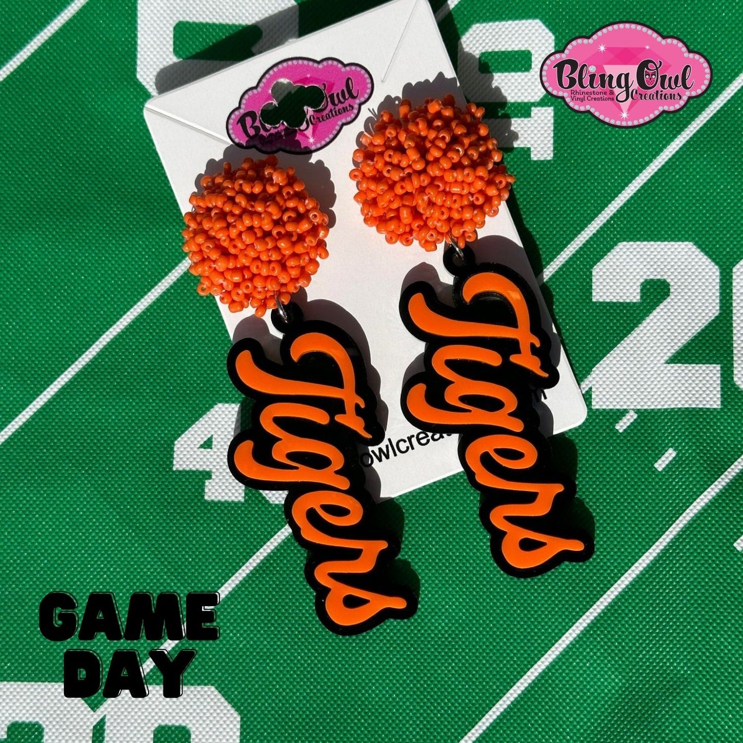 tigers acrylic earrings pom pom toppers mascot school spirit wear