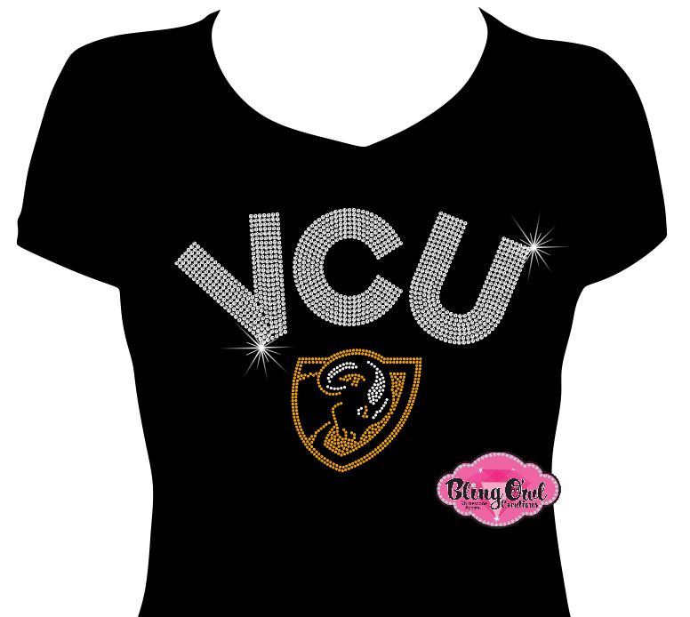 VCU Shield Arch Rhinestone Womens Vneck Fitted Short Sleeve Shirt