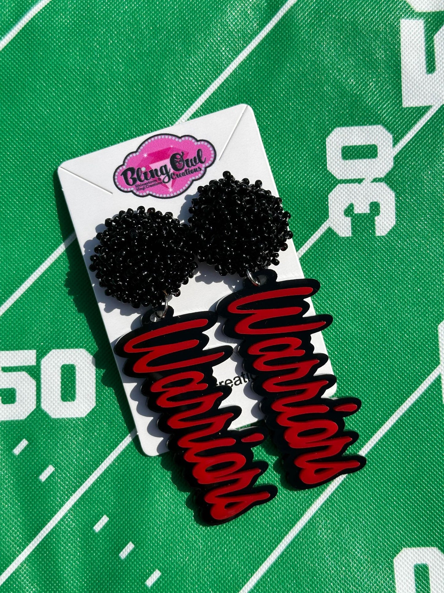 warriors acrylic earrings pom pom toppers mascot school spirit wear