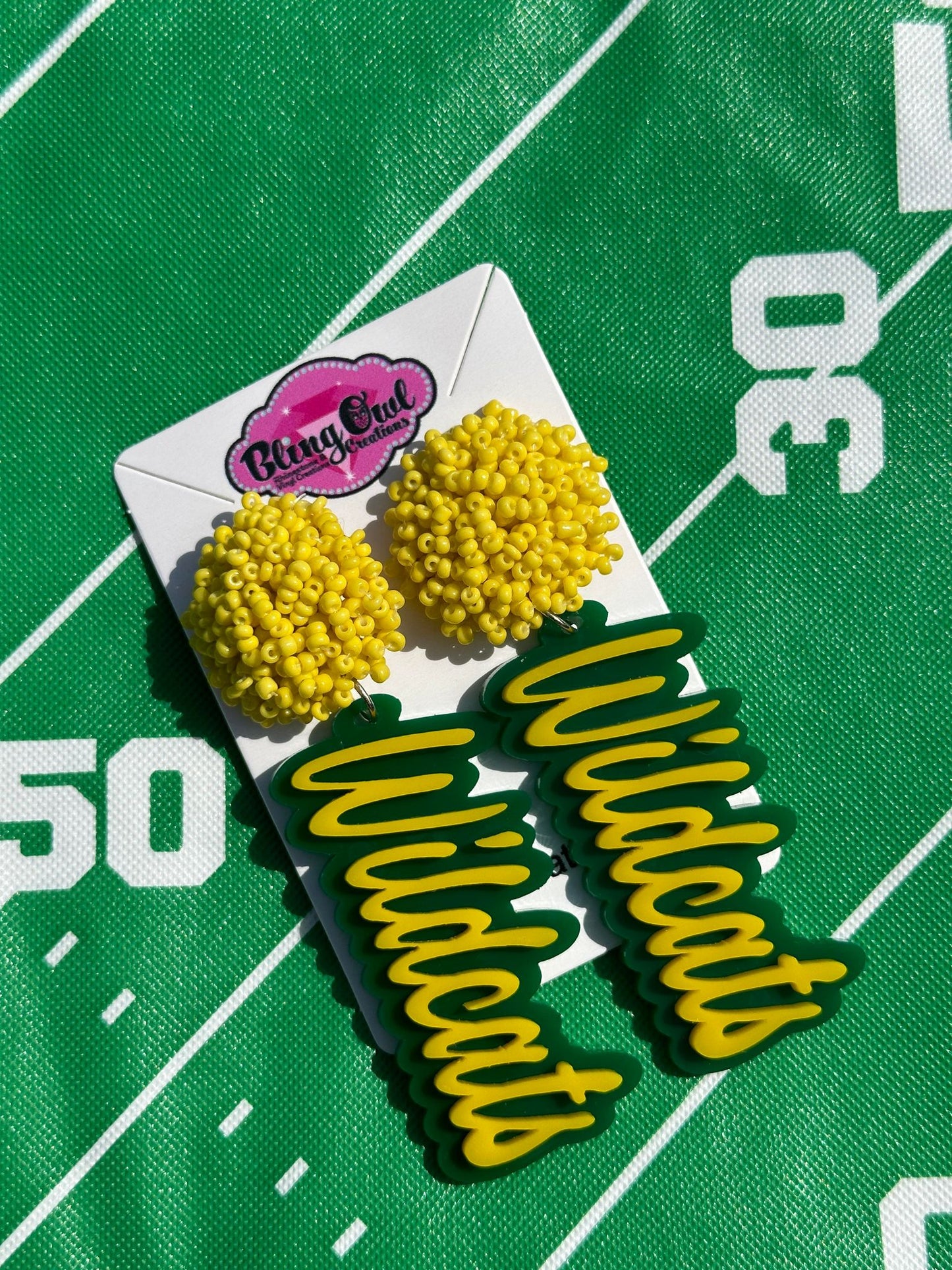 wildcats acrylic earrings pom pom toppers mascot school spirit wear