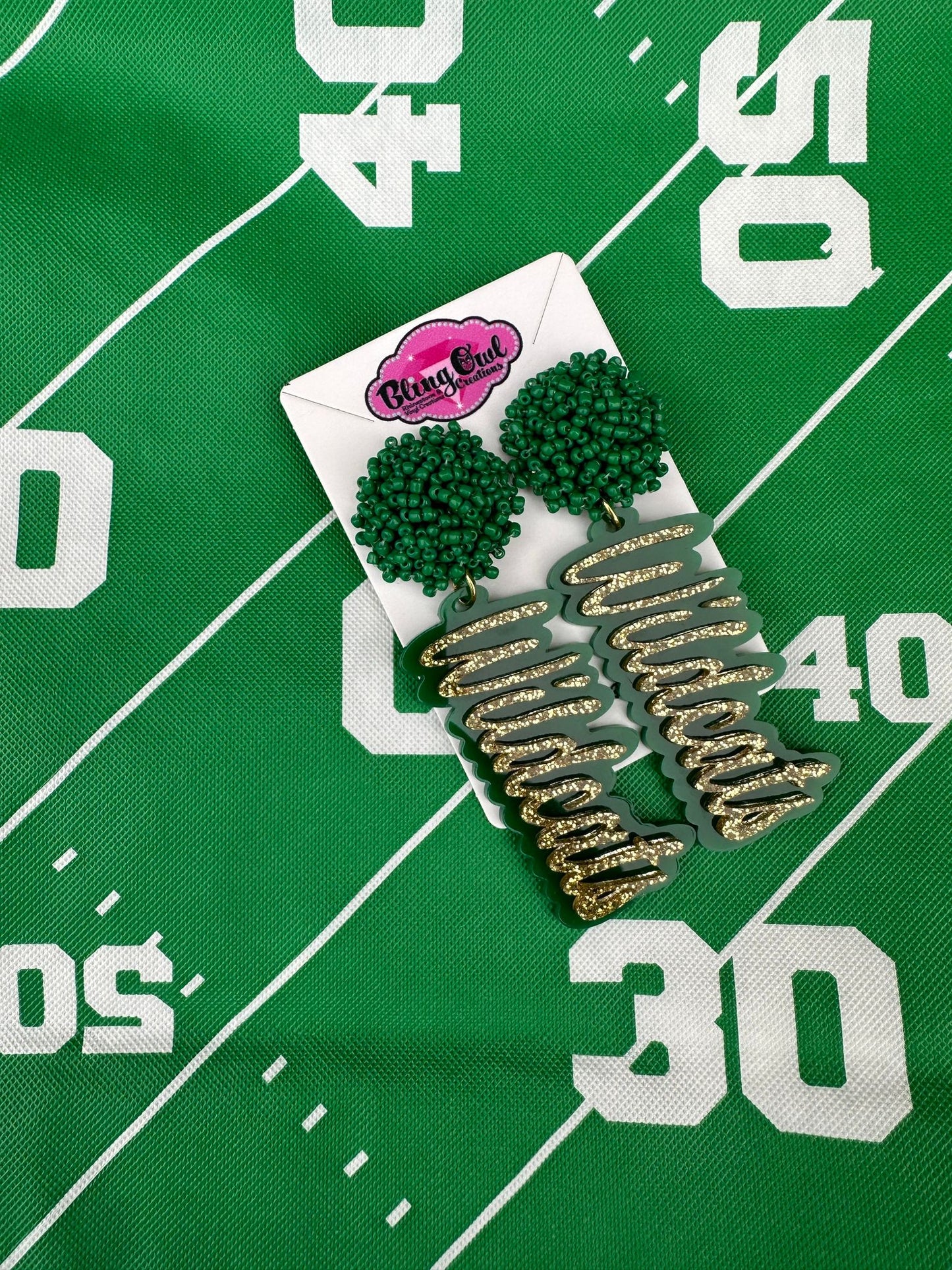 wildcats acrylic earrings pom pom toppers mascot school spirit wear