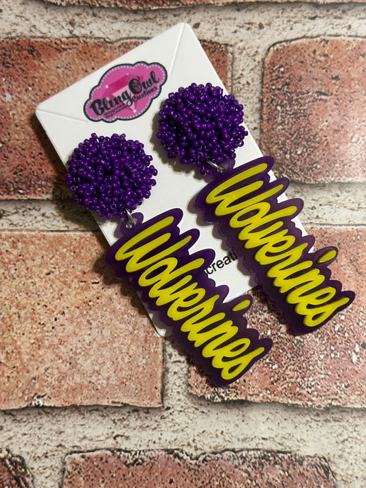 wolverines acrylic earrings pom pom toppers mascot school spirit wear