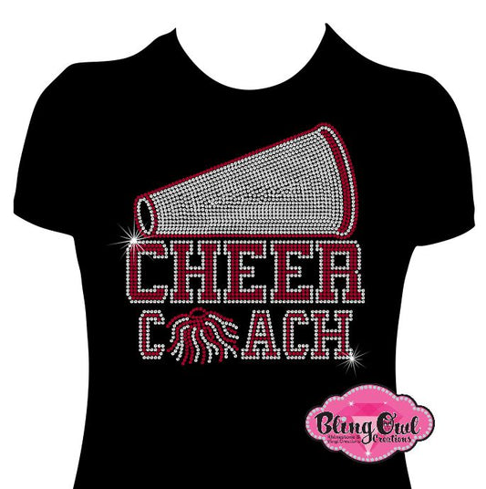 cheer_coach_megaphone_pompoms school_spirit_wear design cheer_coach shirt personalized_cheer_coach_tees unique_cheer_coach_outfit cheer_coach_gear cheer_coach_gift_ideas rhinestones sparkle bling