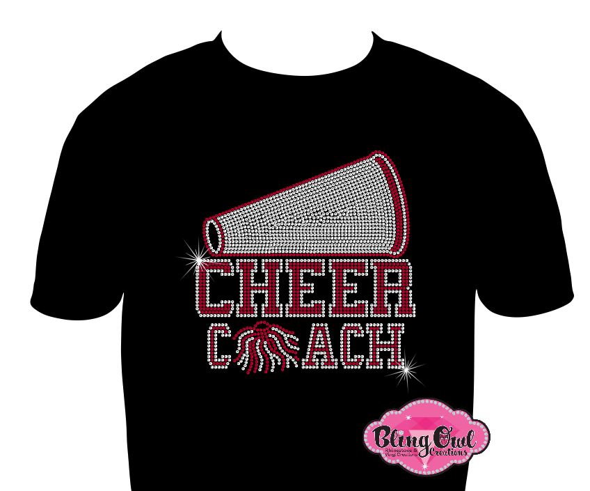 cheer_coach_megaphone_pompoms school_spirit_wear design cheer_coach shirt personalized_cheer_coach_tees unique_cheer_coach_outfit cheer_coach_gear cheer_coach_gift_ideas rhinestones sparkle bling
