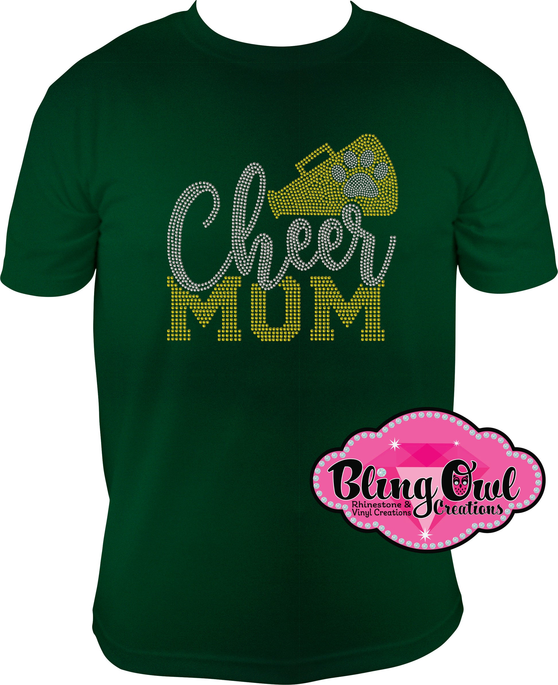 cheer_mom with megaphone print rhinestones sparkle bling transfer
