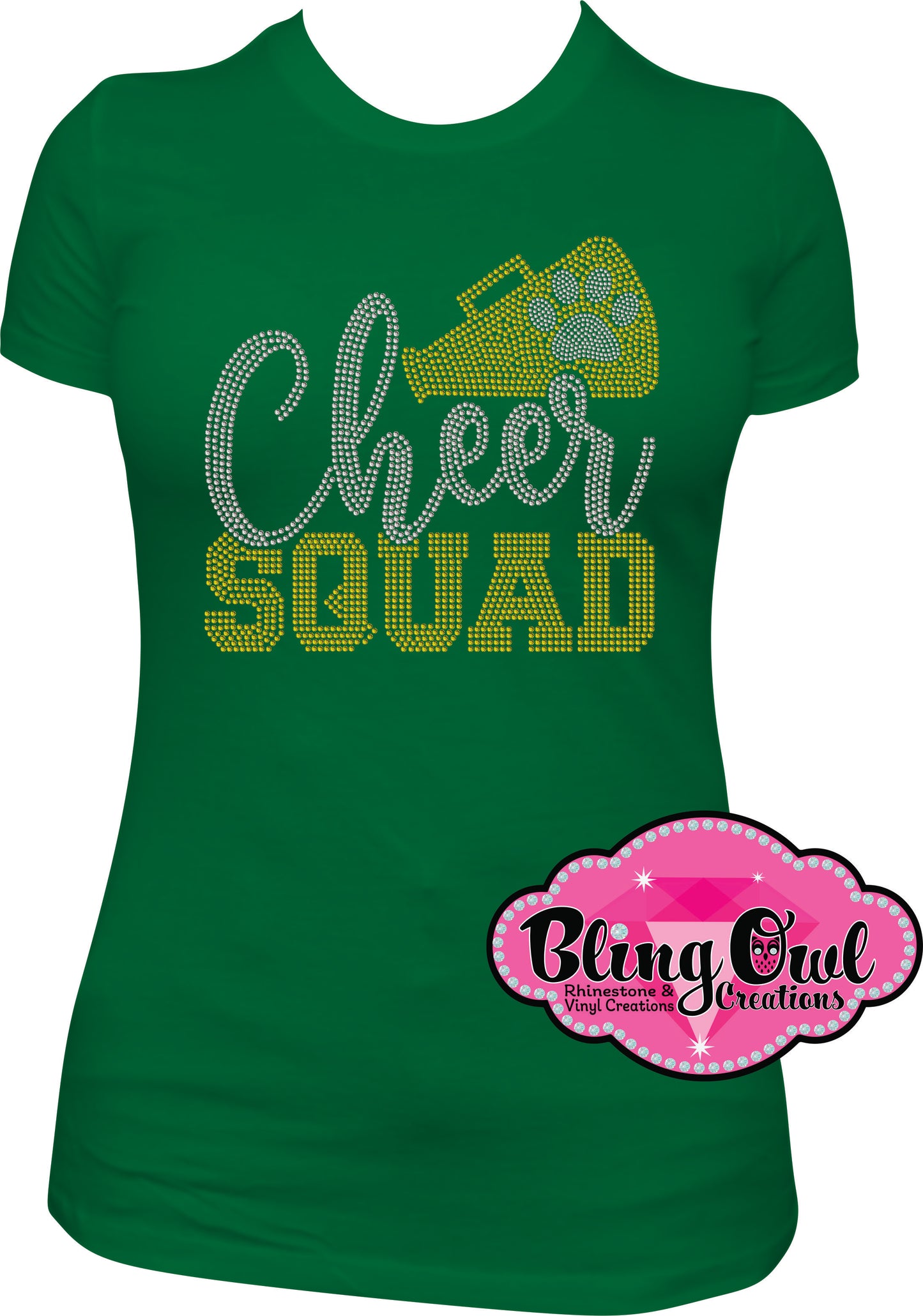 cheer_squad_wtih_megaphone_paw_print rhinestones sparkle bling transfer