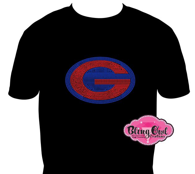 g_logo design shirt grassfield_schol_spirit_wear rhinestones sparkle bling
