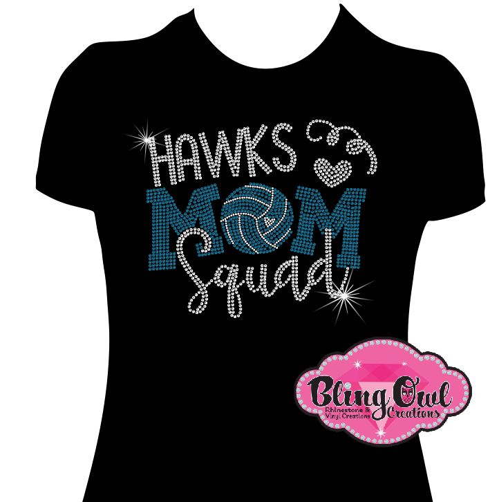 hawks_mom_squad_volleyball design shirt glam_vibes_outfit rhinestones sparkle bling