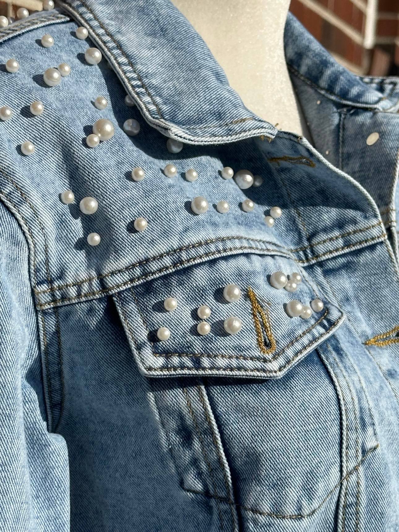 bridal_denim_jacket perfect_wedding_gift_outfit versatile_fashion chic_bride pearls_on_denim rhinestones sparkle bling