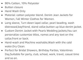 Denim Jacket with Pearls for Brides