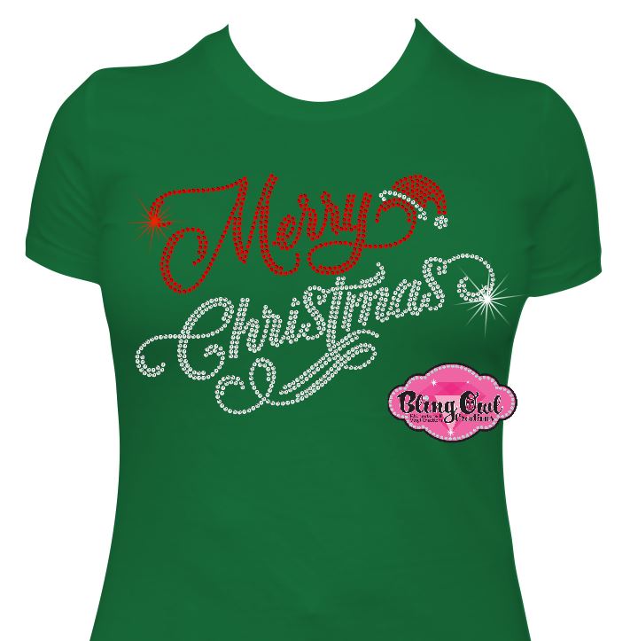 merry_christmas cursive design shirt 1 holiday_tshirt rhinestones sparkle bling
