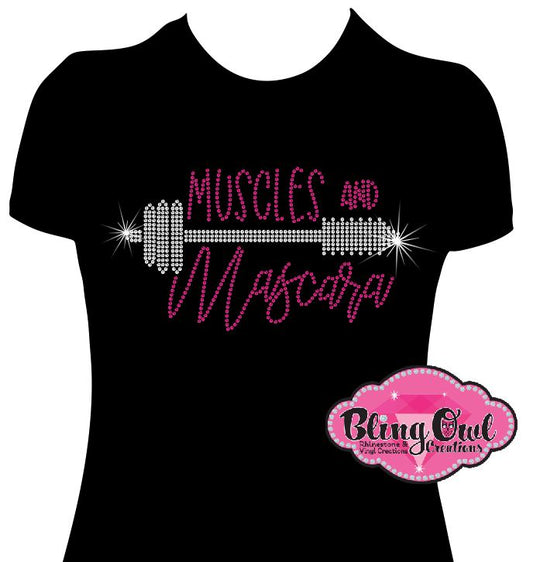 muscles_and_mascara bling shirt ladies bling t-shirt custom rhinestone designed_ for fitness enthusiast_women's wellness_statement shirt_women's body building_ fitness lifestyle