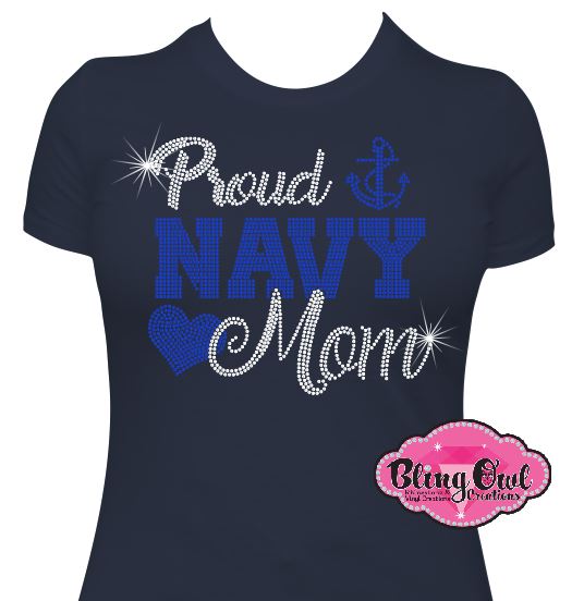 proud_navy_mom design shirt rhinestones sparkle bling